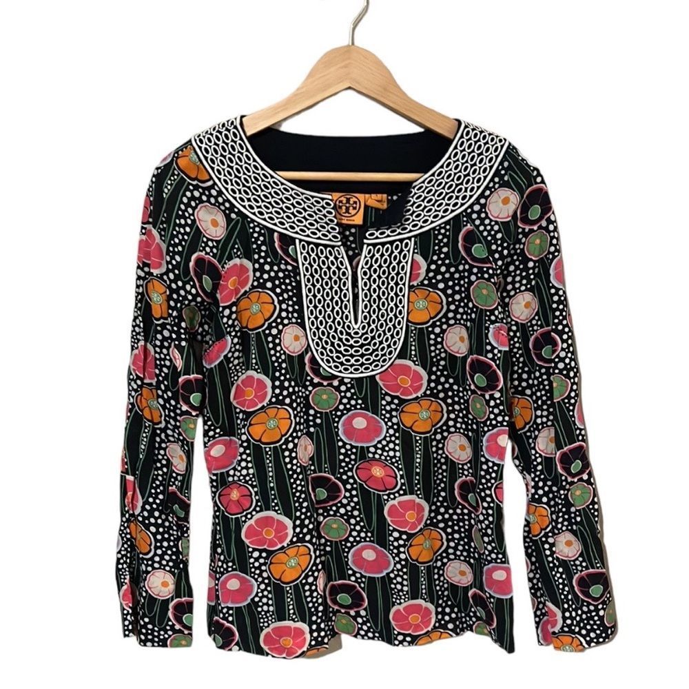 TORY BURCH Embroidered Floral Blouse Cotton Tunic Top Size 4